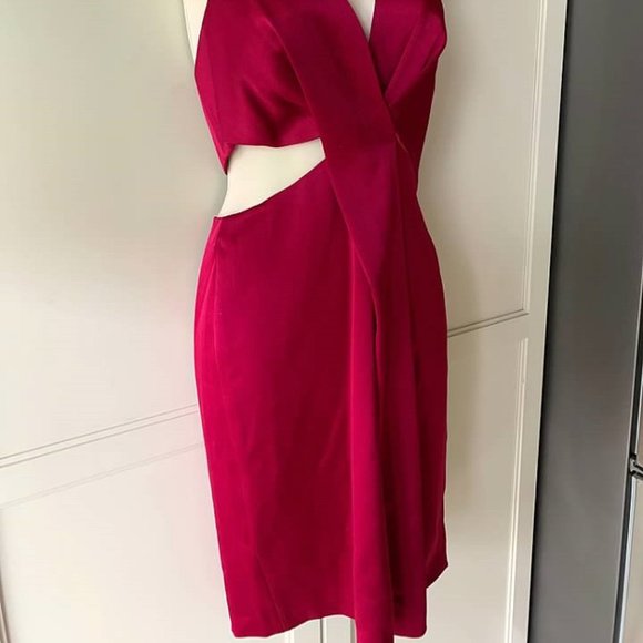 Halston Heritage Eve Halter Cut Out Satin Dress Wildberry - Picture 2 of 7